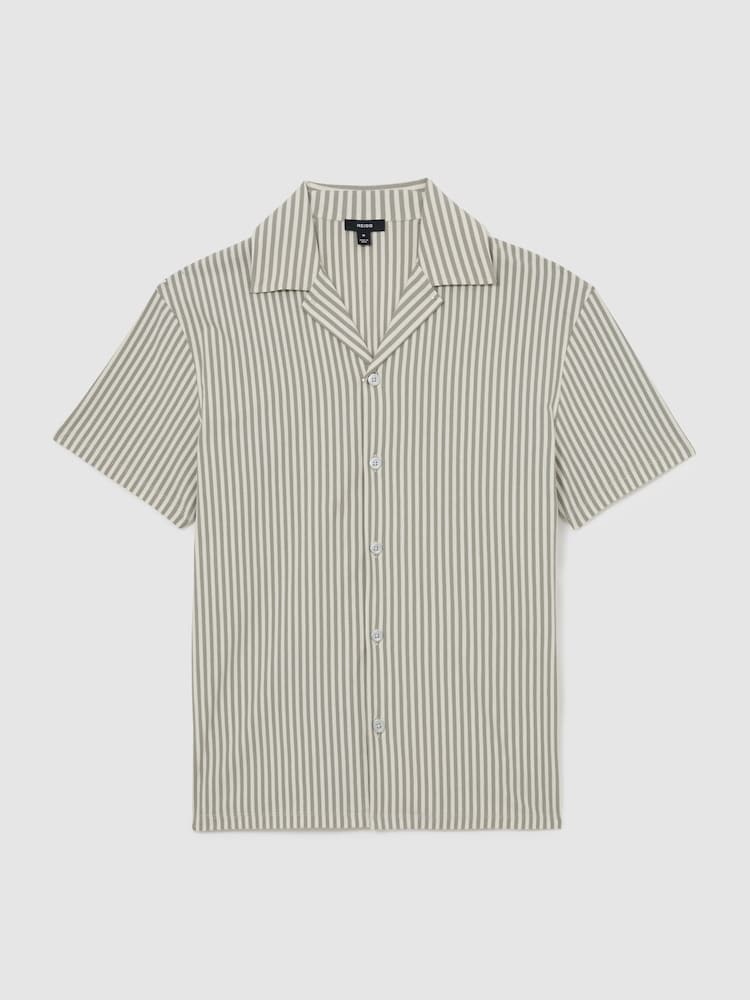 Reiss Soft Sage Green Aurelia Cotton-Blend Stripe Cuban-Collar Shirt - Image 2 of 7