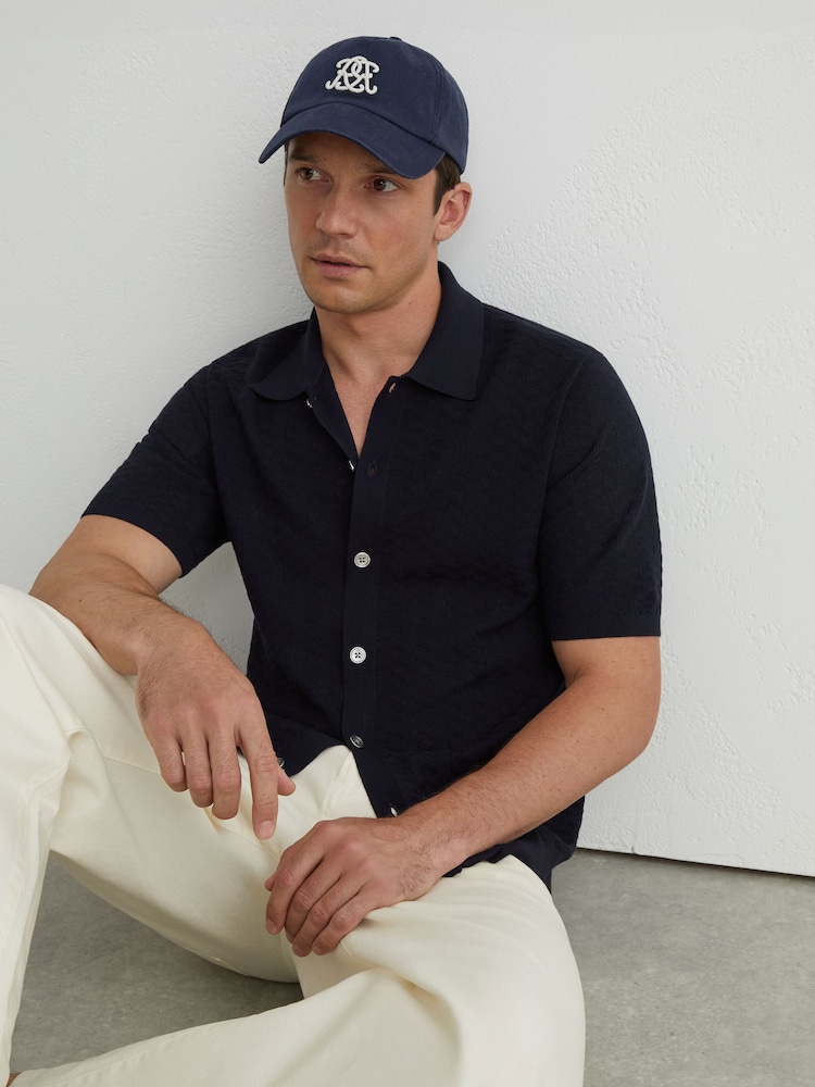 Marineblau - Reiss Phoenix Textured-Knit Button-Through Shirt - Bild 1 von 7