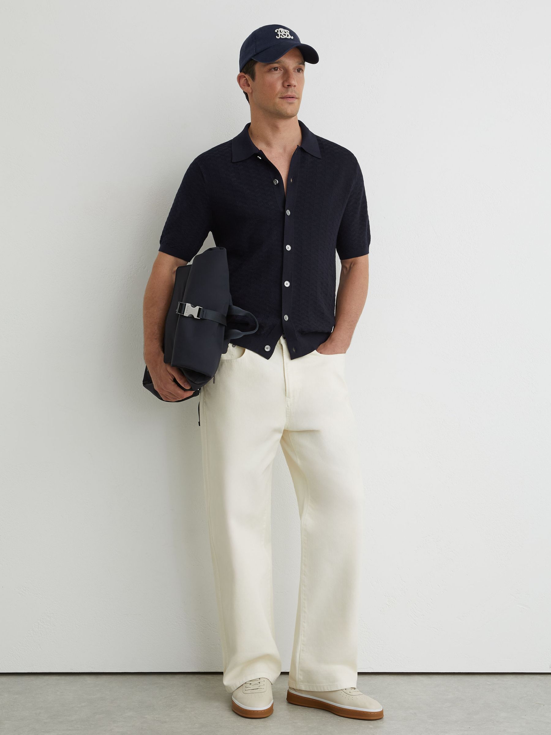 Buy Reiss Navy Phoenix Textured-Knit Button-Through Shirt from