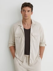 Reiss Light Stone Delmer Jersey Twin-Pocket Cuban-Collar Overshirt - Image 1 of 5