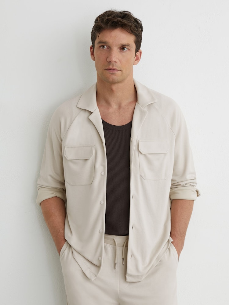 Reiss Light Stone Delmer Jersey Twin-Pocket Cuban-Collar Overshirt - Image 1 of 5