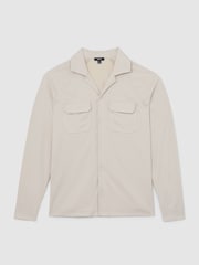 Reiss Light Stone Delmer Jersey Twin-Pocket Cuban-Collar Overshirt - Image 2 of 5