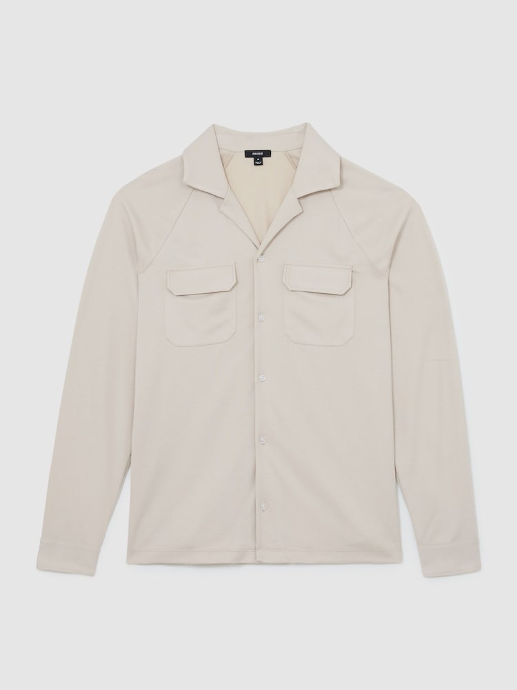 Reiss Light Stone Delmer Jersey Twin-Pocket Cuban-Collar Overshirt - Image 2 of 5