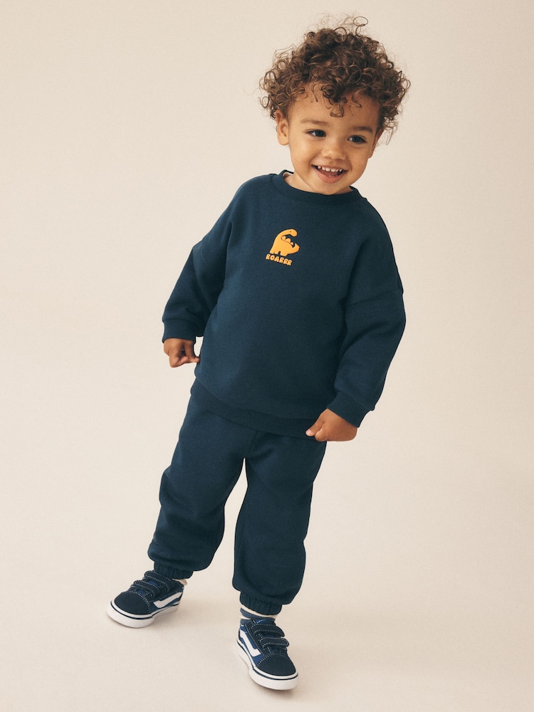 Navy Back Print Crew Neck Joggers Set (3mths-7yrs) - Image 1 of 3 Navy Back Print Crew Neck Joggers Set (3mths-7yrs) - Image 1 of 3