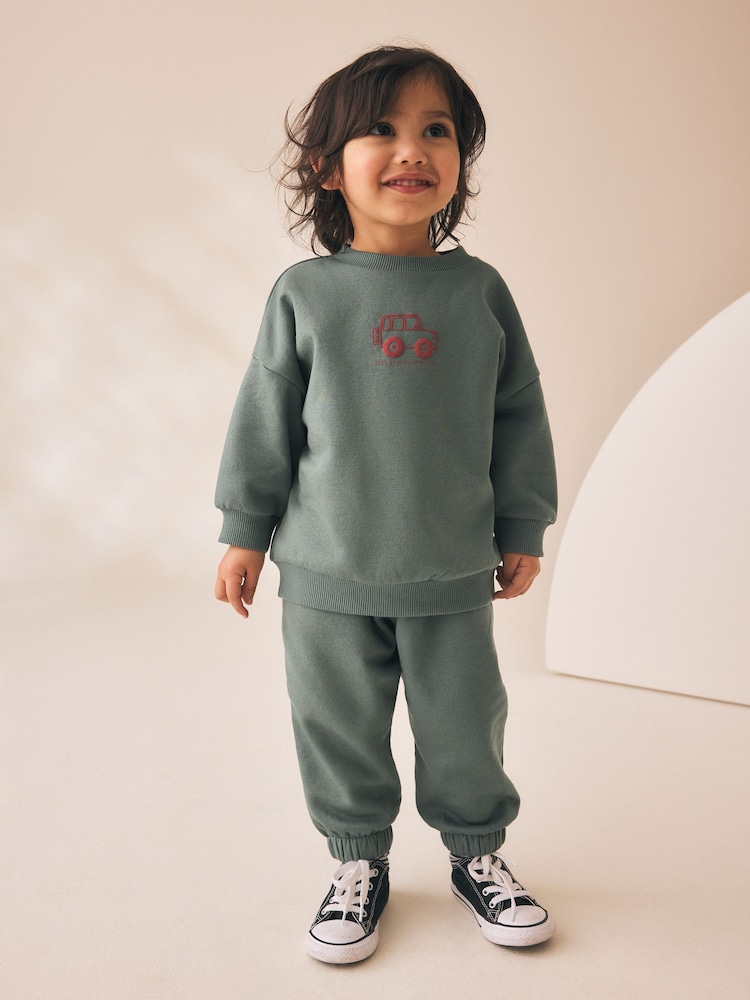 Dark Green Back Print Crew Neck Joggers Set (3mths-7yrs) - Image 1 of 4 Dark Green Back Print Crew Neck Joggers Set (3mths-7yrs) - Image 1 of 4