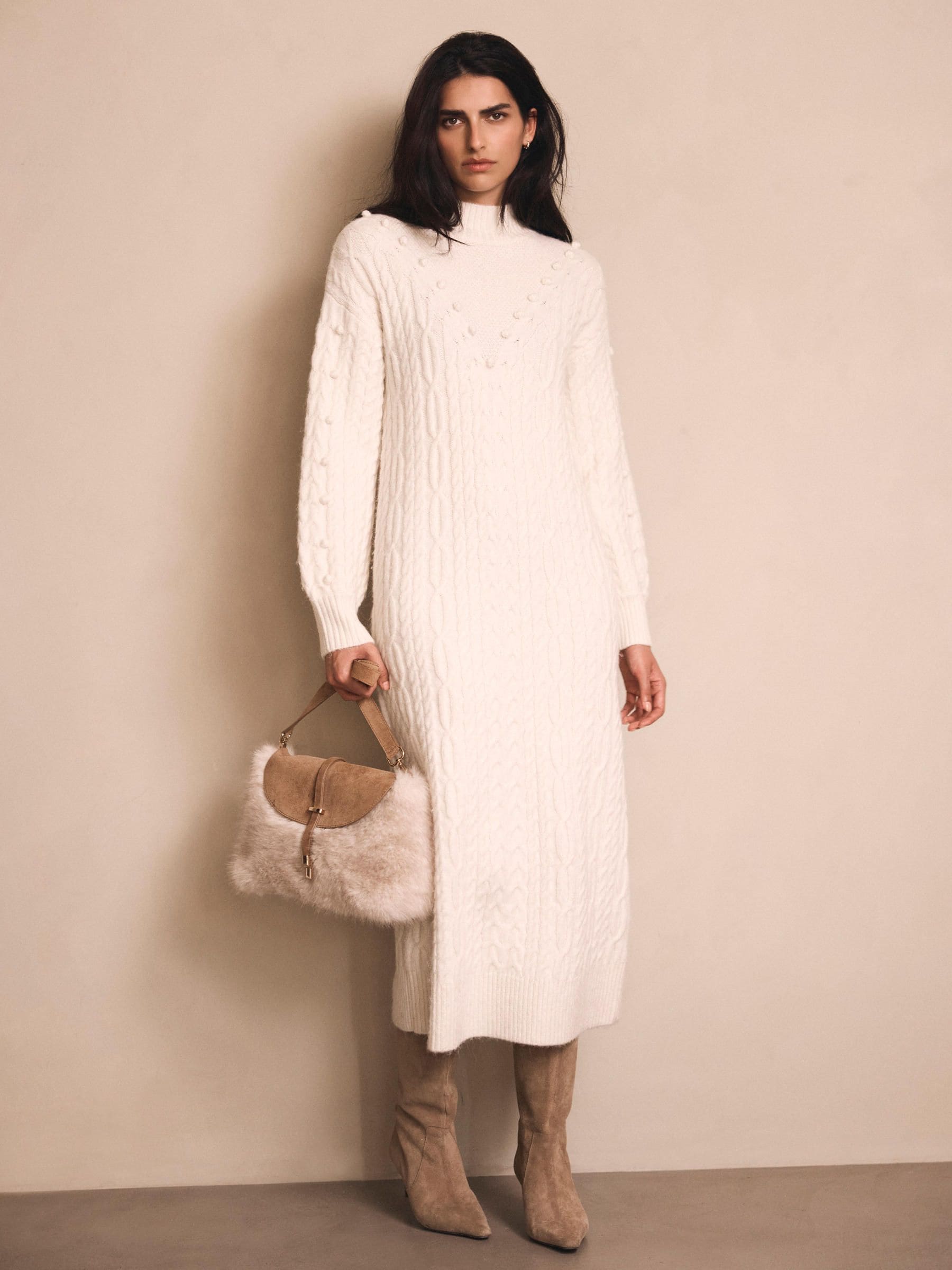 velvet knitted dresses Karleigh Faux Fur Knit Maxi Dress / Plum | MESHKI This long sleeved mini dress by Mint Velvet has a simple round neck and a plain design thats perfect for mixing and matching with your favourite accessories. Mint Velvet Cream Bobble Detail