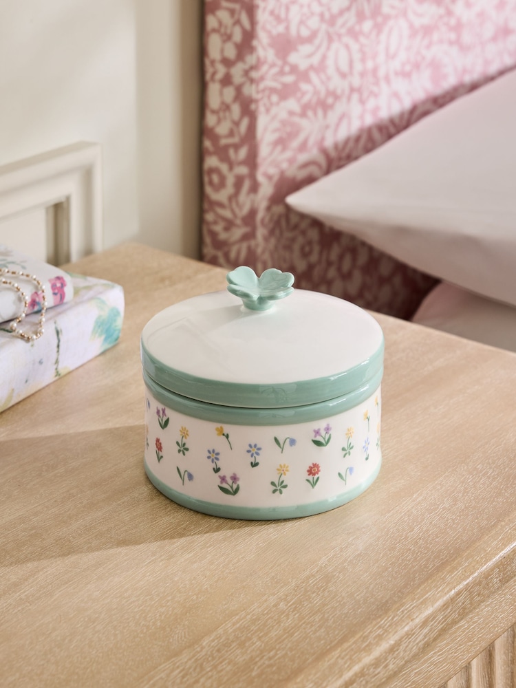 Green/White Floral Ceramic Trinket Pot - Image 1 of 3