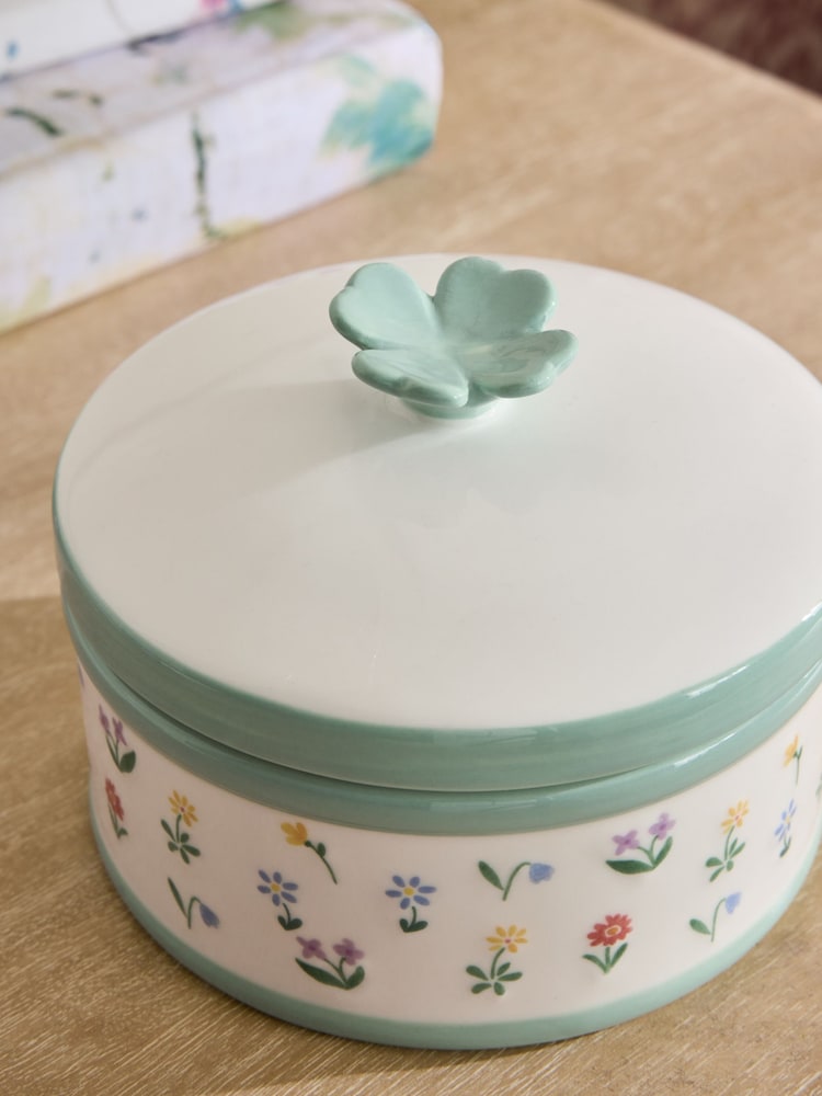 Green/White Floral Ceramic Trinket Pot - Image 3 of 3