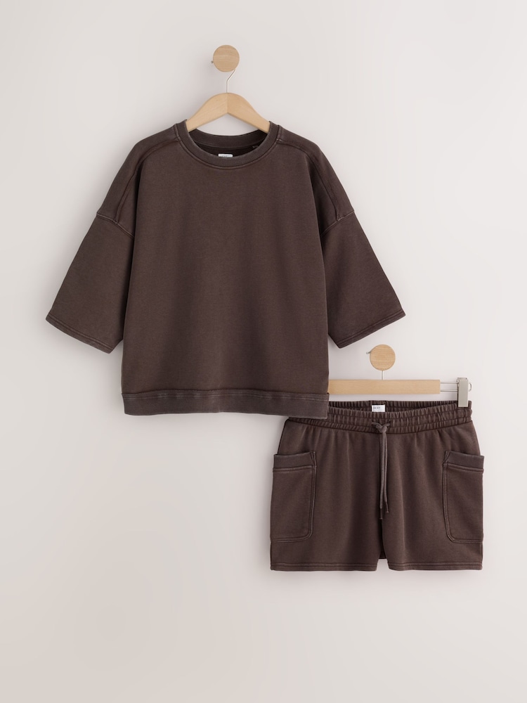Chocolate Brown Sweatshirt and Short Loungewear Set - Image 1 of 3