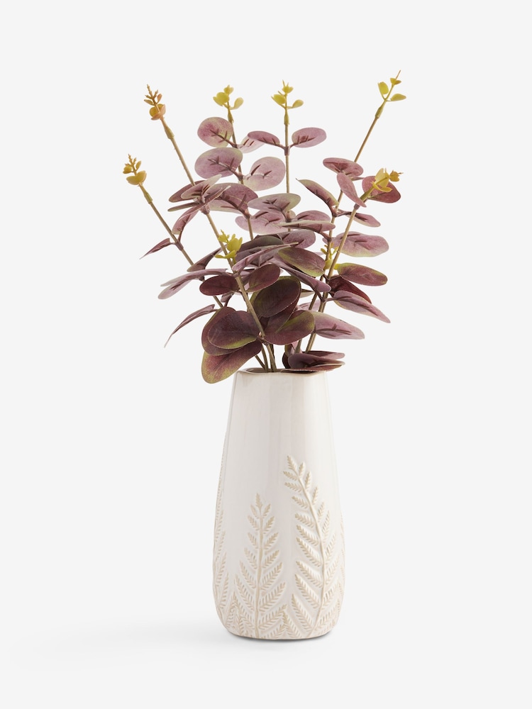 Purple Artificial Eucalyptus Arrangement In Leaf Embossed Ceramic Vase - Image 2 of 3