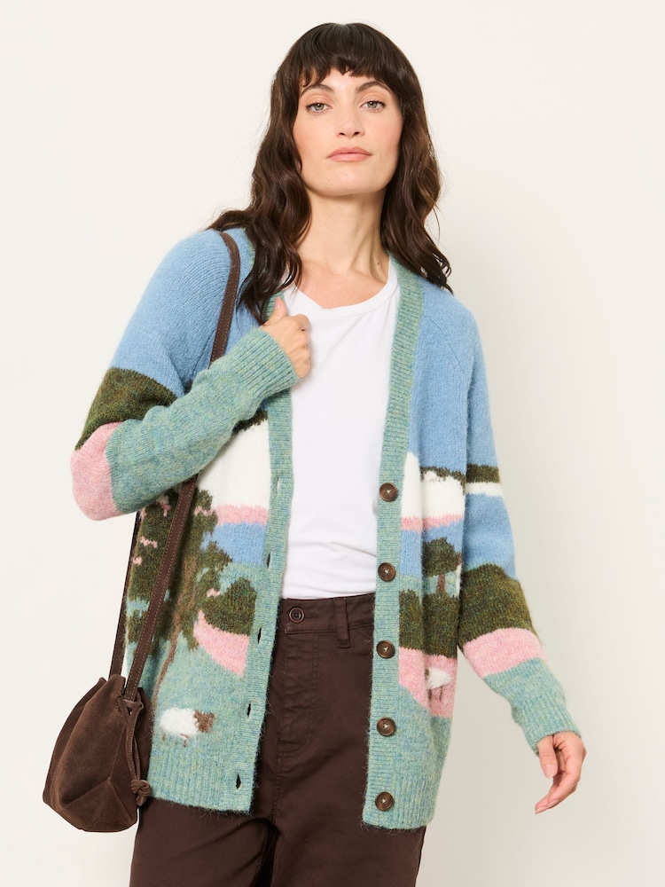 FatFace Blue Landscape Knitted Cardigan - Image 1 of 5 FatFace Blue Landscape Knitted Cardigan - Image 1 of 5