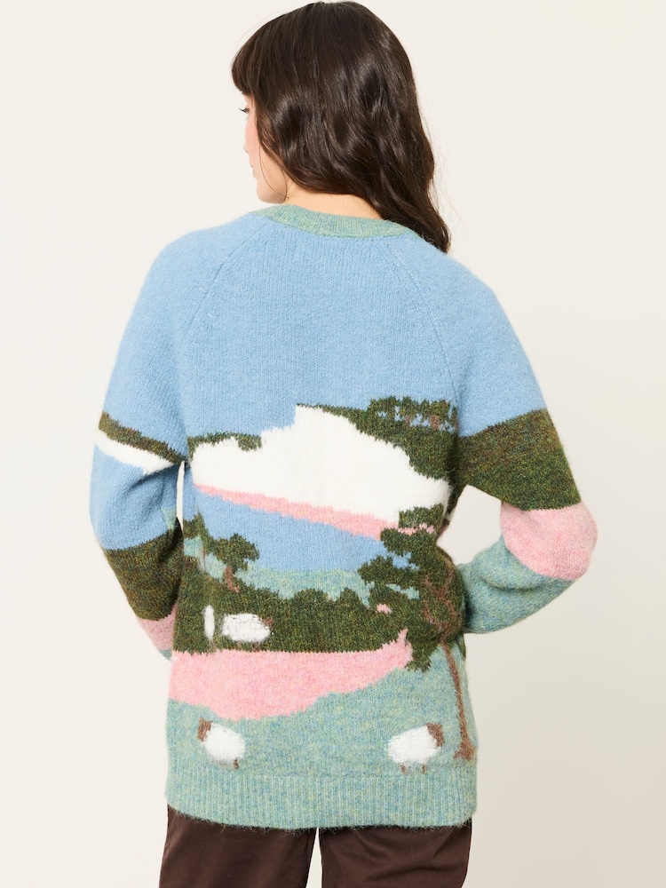 FatFace Blue Landscape Knitted Cardigan - Image 2 of 5 FatFace Blue Landscape Knitted Cardigan - Image 2 of 5
