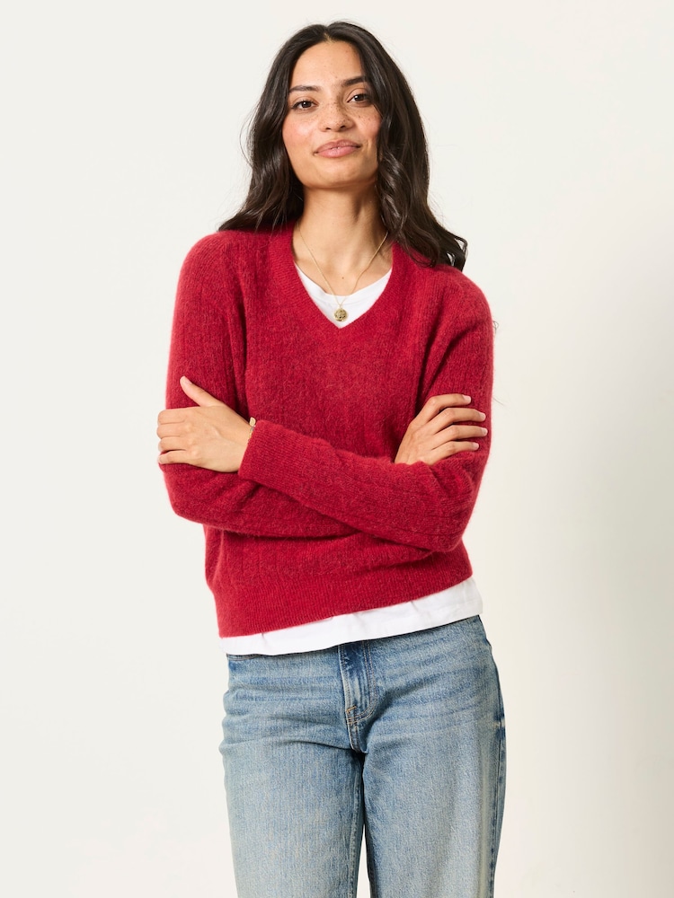 FatFace Halle Red Knitted V Neck Jumpers - Image 1 of 6