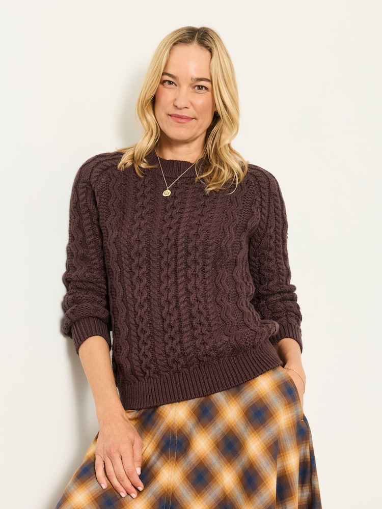 FatFace Bryony Chocolate Brown Knitted Cable Jumper - Image 2 of 7