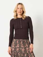 FatFace Mae Chocolate Brown Knitted Henley Jumper - Image 3 of 6