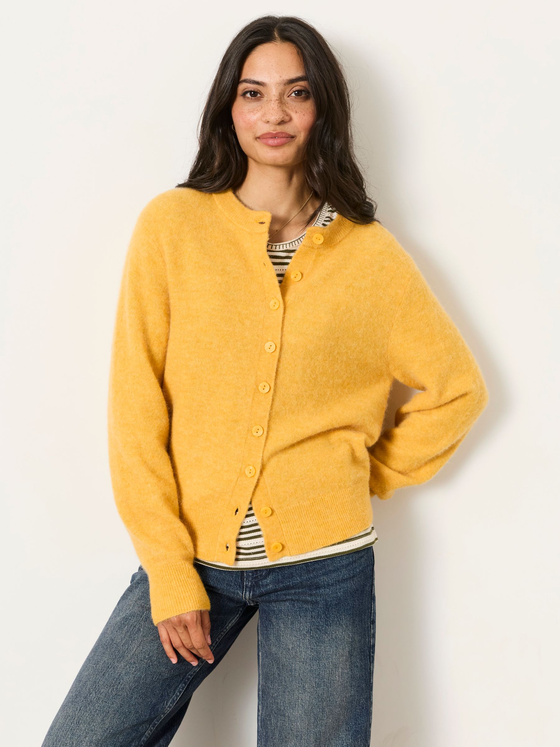 Fatface Halle Mustard Yellow Wool Rich Soft Knit Button Front Cardigan