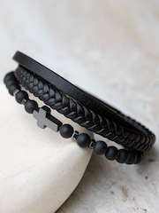Treat Republic Personalised Mens Beaded and Stacked Leather Cross Bracelet - Image 3 of 5