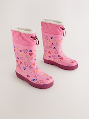 Pink Heart Print Standard Fit (F) Thinsulate Lined Cuff Wellies - Image 1 of 5