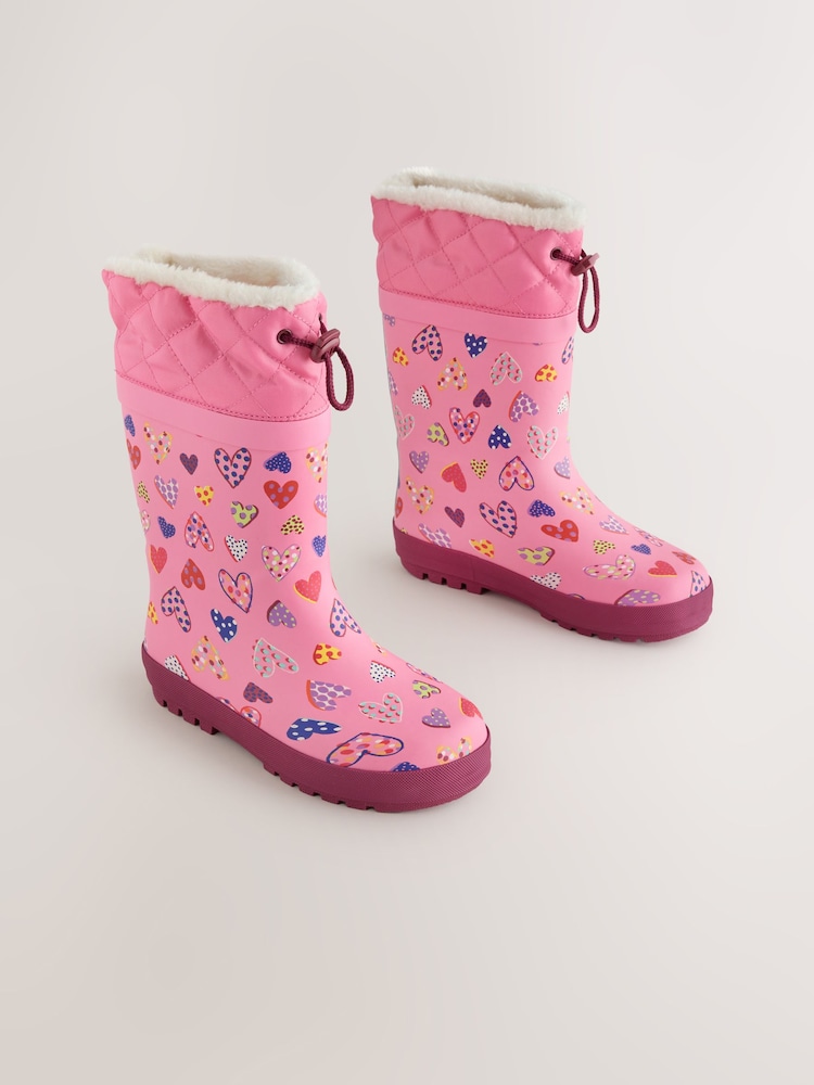Pink Heart Print Standard Fit (F) Thinsulate Lined Cuff Wellies - Image 1 of 5 Pink Heart Print Standard Fit (F) Thinsulate Lined Cuff Wellies - Image 1 of 5