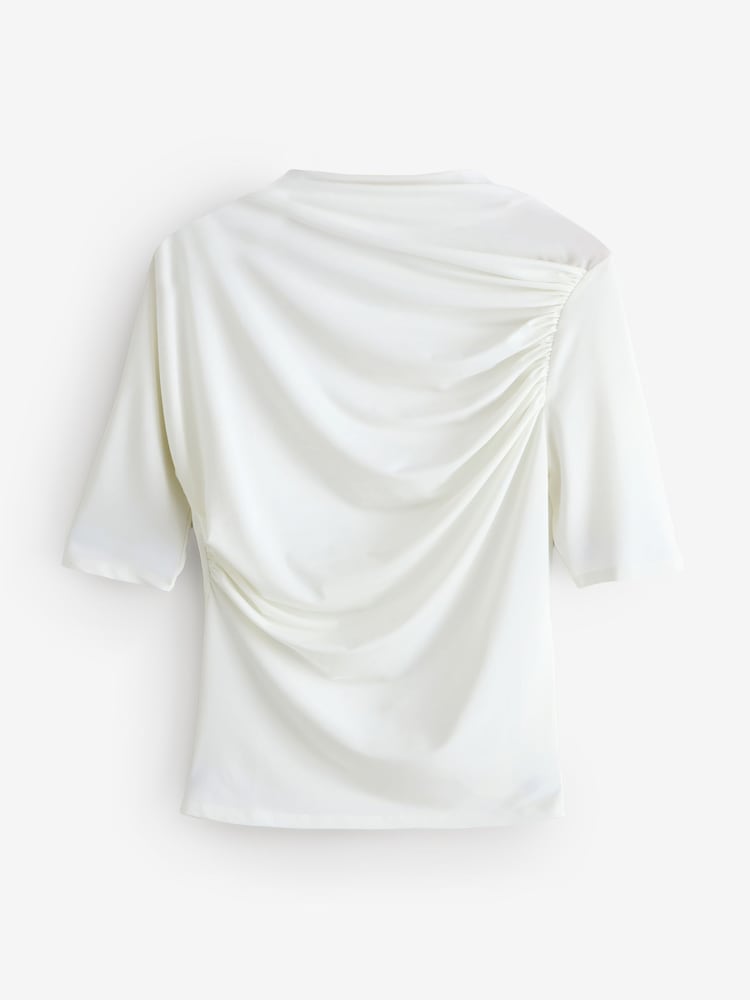 White 3/4 Sleeve Ruched Drape Top - Image 1 of 1