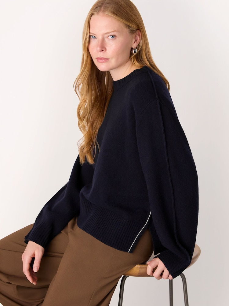 Whistles Blue Side Stripe Detail Wool Knit Jumper - Image 1 of 5 Whistles Blue Side Stripe Detail Wool Knit Jumper - Image 1 of 5