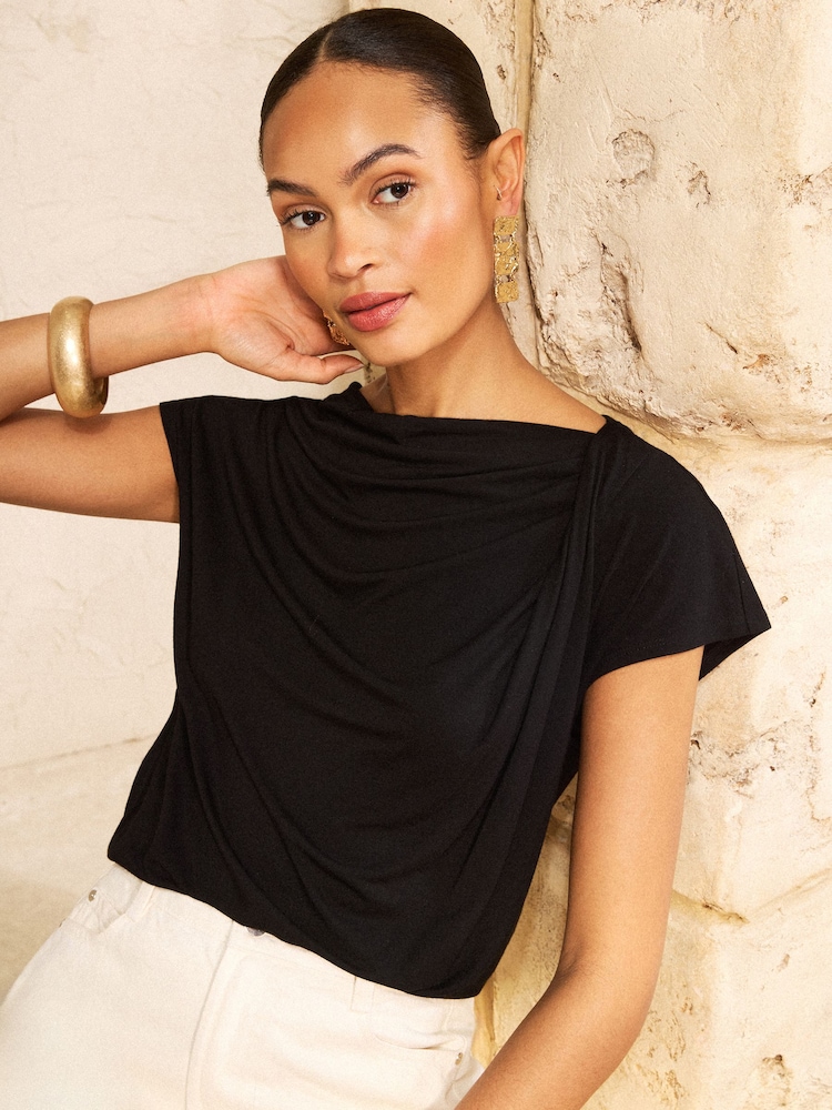 Black Cowl Neck - Love & Roses Drape Jersey Top - Imaginea 1 din 4