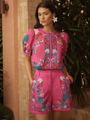 Love & Roses Pink Floral Print Petite Cotton Puff Sleeve Blouse - Image 1 of 4