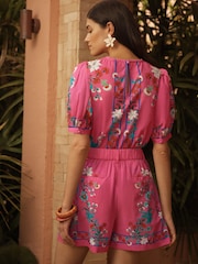 Love & Roses Pink Floral Print Petite Cotton Puff Sleeve Blouse - Image 4 of 4