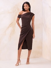 Lipsy Chocolate Brown Petite Off The Shoulder Gathered Waist Midi Dress - Image 1 of 4
