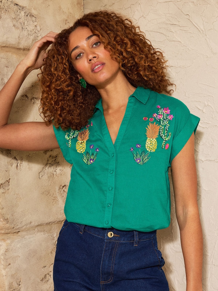 Love & Roses Bright Green Embroidered Button Through Short Sleeve Shirt - Image 4 of 4