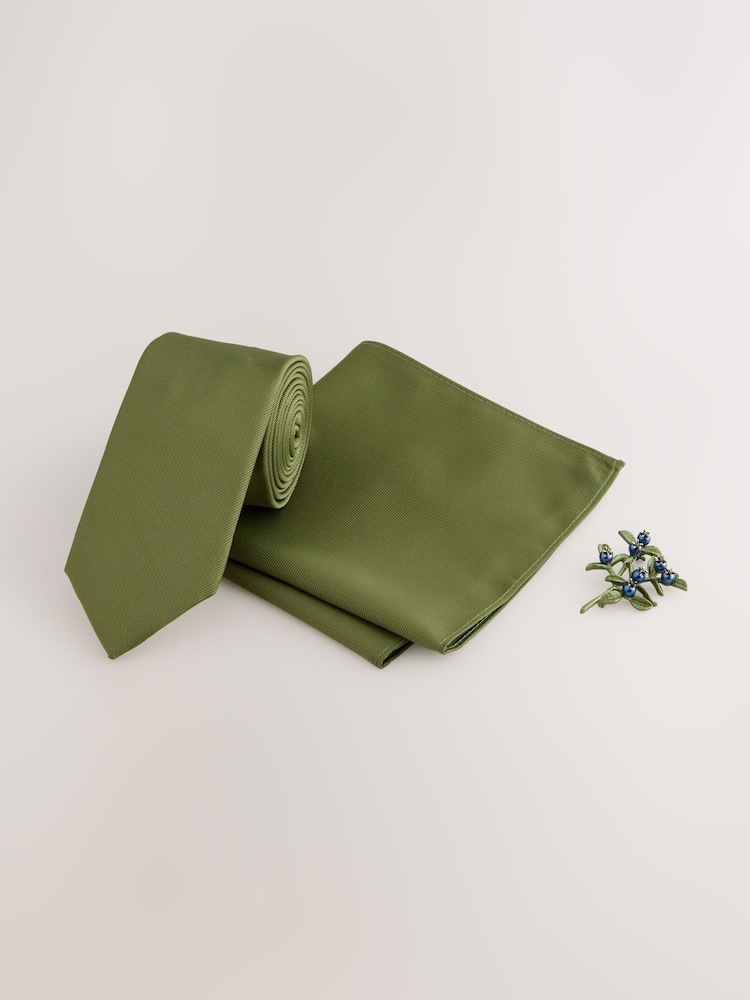 أخضر - طقم ربطة عنق ومنديل جيب وبروش - Image 1 of 4