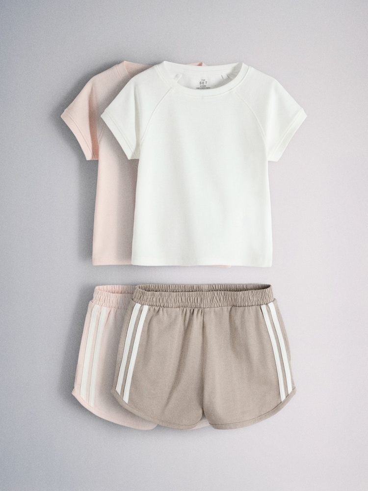 The Set 2 Pack Short Sleeve Rib TShirt and Short Sets Pink/White/Brown - Image 2 of 10