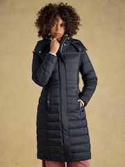 Joules Windborough Navy Showerproof Longline Padded Coat with Hood - Image 1 of 11