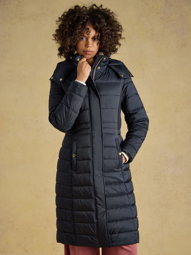 Joules Windborough Navy Showerproof Longline Padded Coat with Hood - Image 1 of 11 Joules Windborough Navy Showerproof Longline Padded Coat with Hood - Image 1 of 11