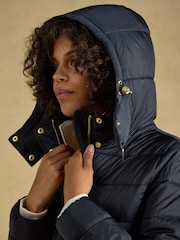 Joules Windborough Navy Showerproof Longline Padded Coat with Hood - Image 4 of 11