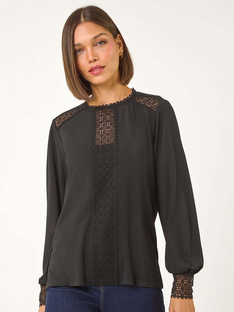 Roman Black Lace Trim Detail Stretch Tunic Top - Image 1 of 5 Roman Black Lace Trim Detail Stretch Tunic Top - Image 1 of 5