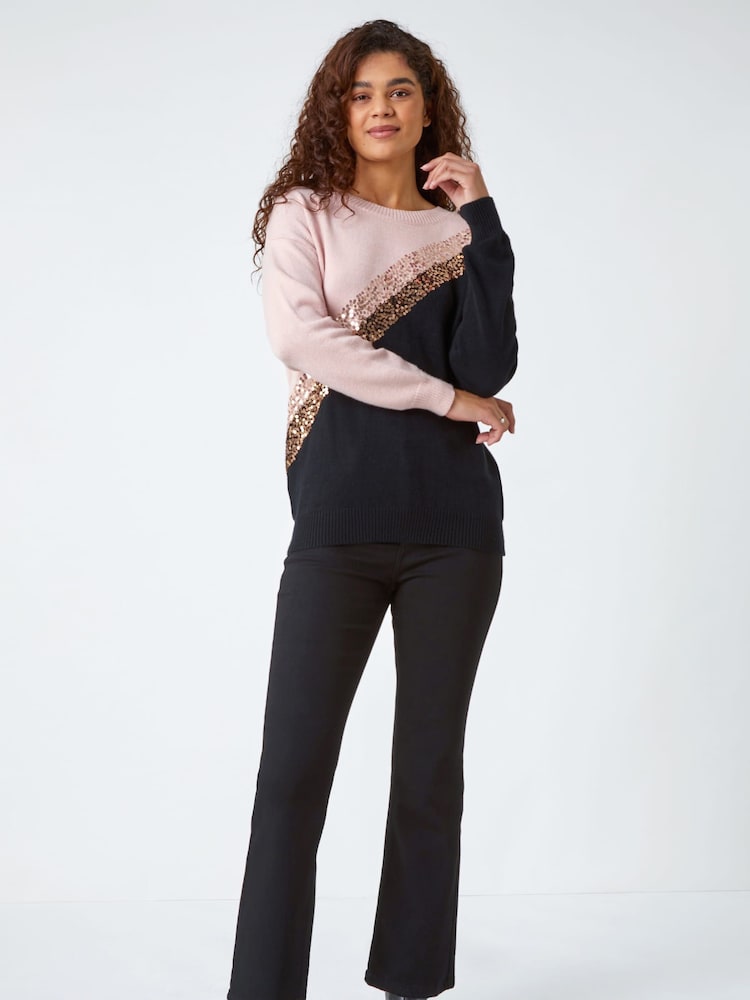 Roman Black Sequin Embellished Colourblock Jumper - Image 2 of 5 Roman Black Sequin Embellished Colourblock Jumper - Image 2 of 5
