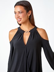 Roman Black Cold Shoulder Wrap Stretch Shirt - Image 1 of 5