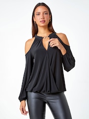 Roman Black Cold Shoulder Wrap Stretch Shirt - Image 2 of 5