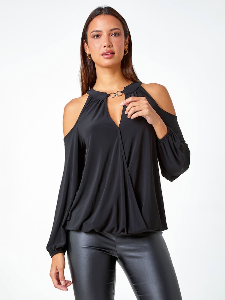 Roman Black Cold Shoulder Wrap Stretch Shirt - Image 2 of 5