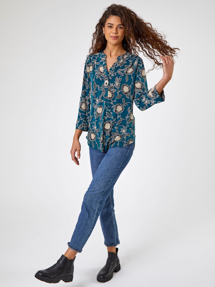Roman Green Textured Floral Print Stretch Shirt - Image 1 of 5 Roman Green Textured Floral Print Stretch Shirt - Image 1 of 5