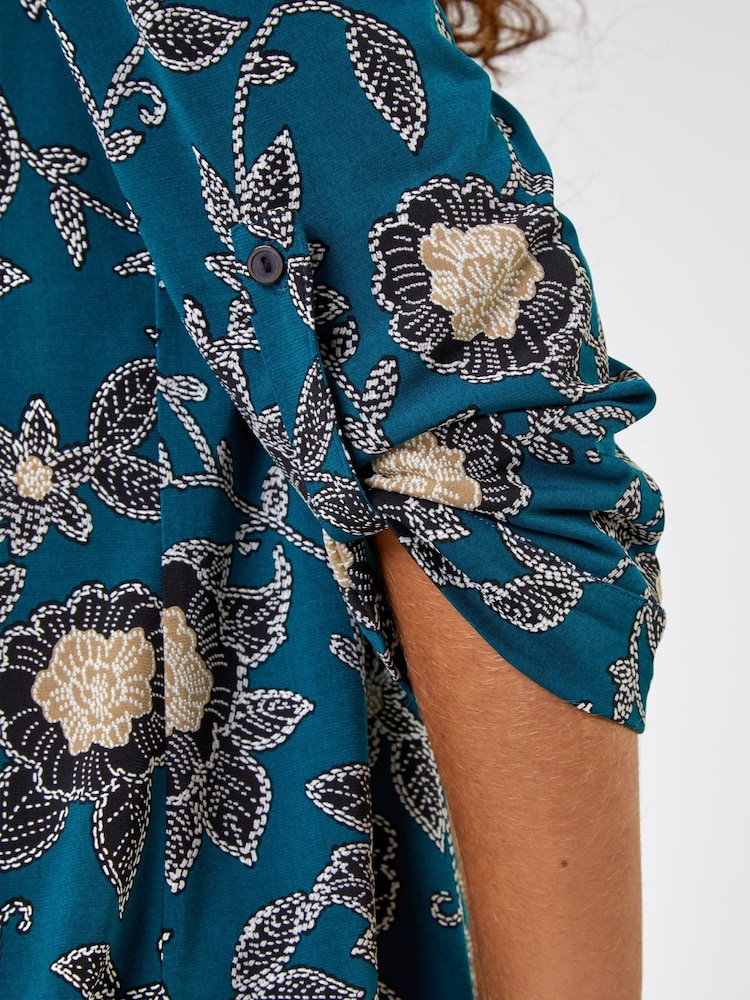Roman Green Textured Floral Print Stretch Shirt - Image 5 of 5 Roman Green Textured Floral Print Stretch Shirt - Image 5 of 5