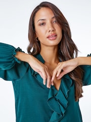 Verde claro - Blusa de cuello con volantes de satén romano - Imagen 5 de 5