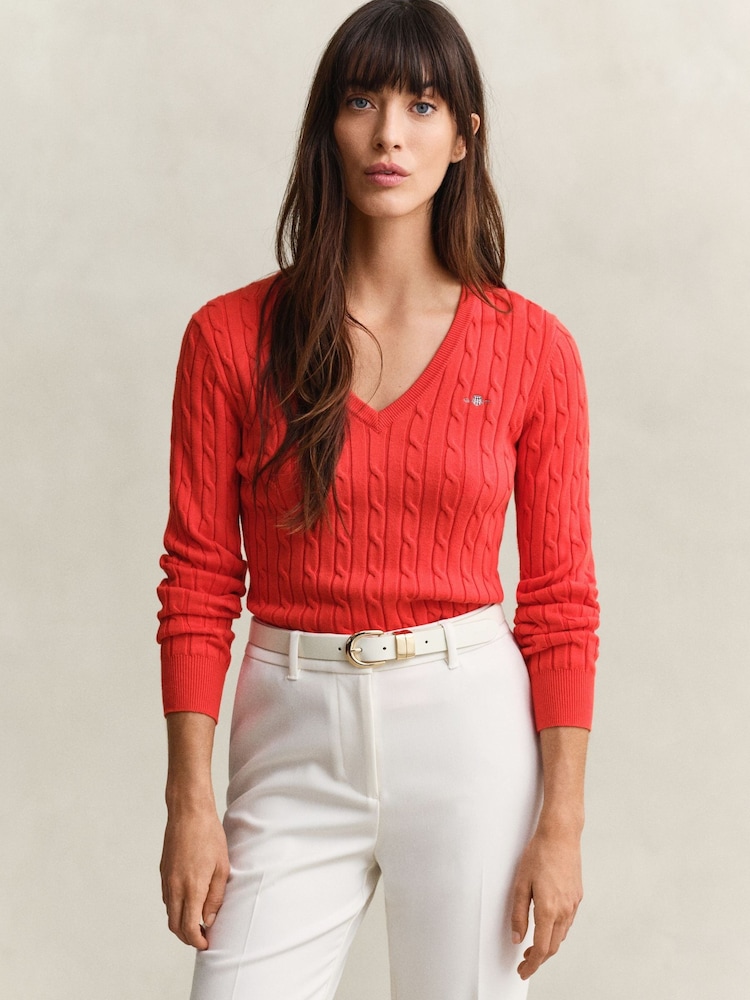 GANT Red Stretch Cotton Cable Knit V-Neck Jumper - Image 2 of 5 GANT Red Stretch Cotton Cable Knit V-Neck Jumper - Image 2 of 5