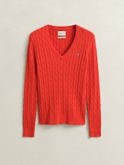 GANT Red Stretch Cotton Cable Knit V-Neck Jumper - Image 5 of 5