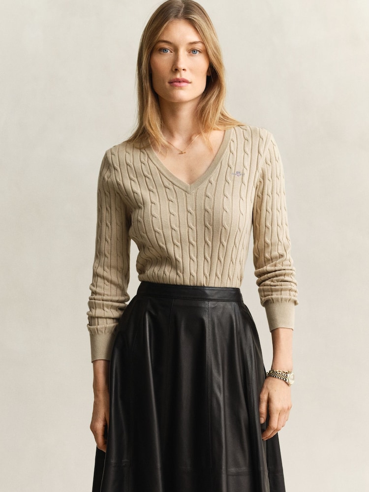 GANT Natural Stretch Cotton Cable Knit V-Neck Jumper - Image 2 of 5