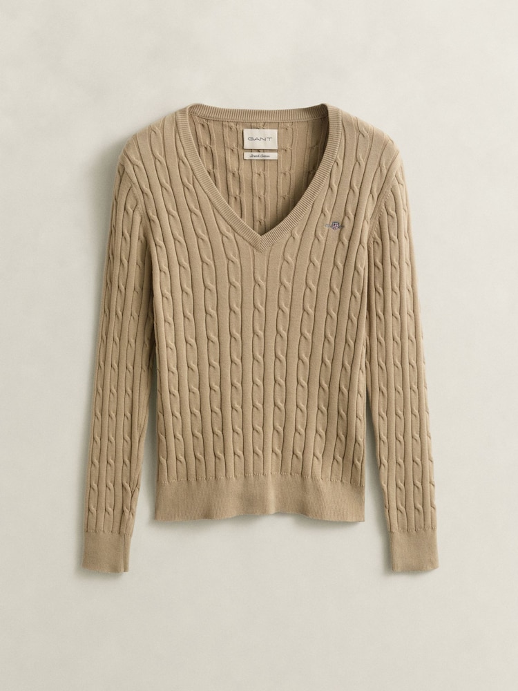 GANT Natural Stretch Cotton Cable Knit V-Neck Jumper - Image 5 of 5