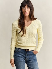 GANT Yellow Stretch Cotton Cable Knit V-Neck Jumper - Image 2 of 5