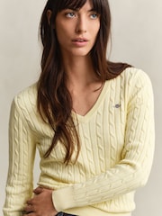GANT Yellow Stretch Cotton Cable Knit V-Neck Jumper - Image 4 of 5