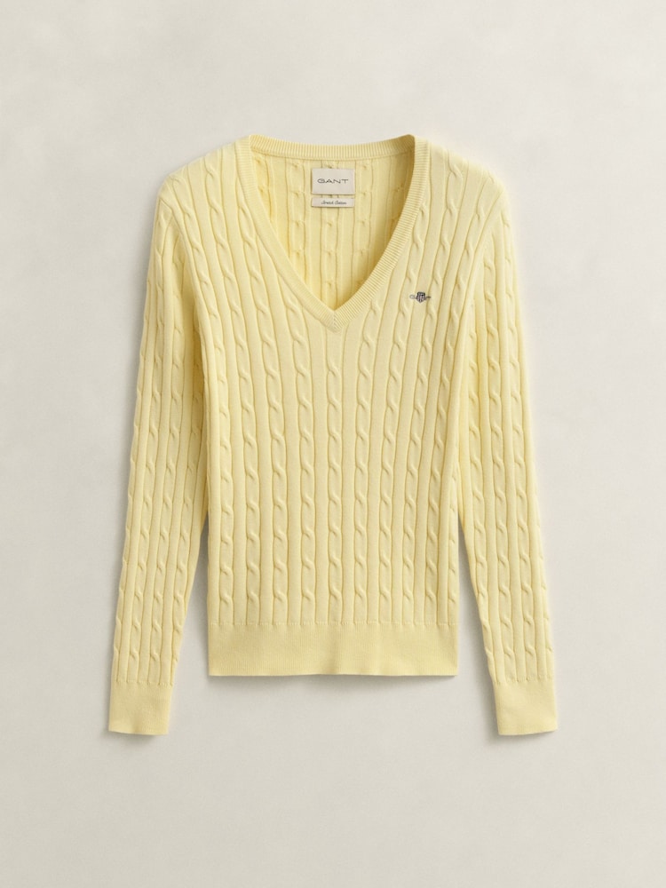 GANT Yellow Stretch Cotton Cable Knit V-Neck Jumper - Image 5 of 5 GANT Yellow Stretch Cotton Cable Knit V-Neck Jumper - Image 5 of 5